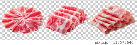 Set of fresh raw meat cuts, thin sliced pork belly, isolated on transparent background. Fresh meat for cooking, food preparation, and advertisement. Set of fresh raw meat cuts, thin sliced pork belly, isolated on transparent background. Fresh meat for cooking, food preparation, and advertisement. 133573640
