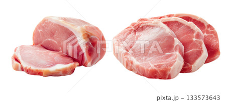 Set of fresh raw meat cuts, thick-cut pork loin, isolated on transparent background. Fresh meat for cooking, food preparation, and advertisement. 133573643