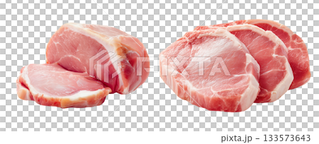 Set of fresh raw meat cuts, thick-cut pork loin, isolated on transparent background. Fresh meat for cooking, food preparation, and advertisement. 133573643