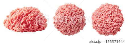 Set of fresh raw meat cuts, minced pork, isolated on transparent background. Fresh meat for cooking, food preparation, and advertisement. 133573644