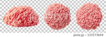 Set of fresh raw meat cuts, minced pork, isolated on transparent background. Fresh meat for cooking, food preparation, and advertisement. 133573644