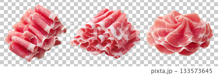 Set of fresh raw meat cuts, thin sliced roll pork, isolated on transparent background. Fresh meat for cooking, food preparation, and advertisement. 133573645