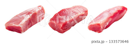 Set of fresh raw meat cuts, pork tenderloin strip, isolated on transparent background. Fresh meat for cooking, food preparation, and advertisement. 133573646