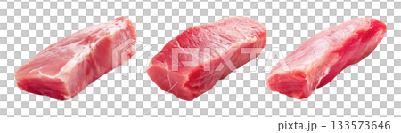 Set of fresh raw meat cuts, pork tenderloin strip, isolated on transparent background. Fresh meat for cooking, food preparation, and advertisement. 133573646