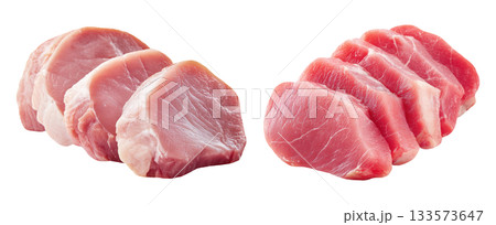 Set of fresh raw meat cuts, thick-cut pork tenderloin, isolated on transparent background. Fresh meat for cooking, food preparation, and advertisement. 133573647
