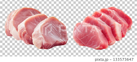 Set of fresh raw meat cuts, thick-cut pork tenderloin, isolated on transparent background. Fresh meat for cooking, food preparation, and advertisement. 133573647