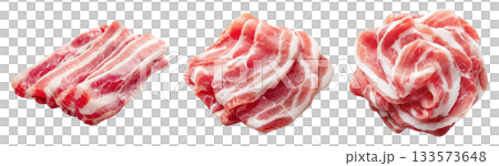 Set of fresh raw meat cuts, sliced pork belly, isolated on transparent background. Fresh meat for cooking, food preparation, and advertisement. 133573648