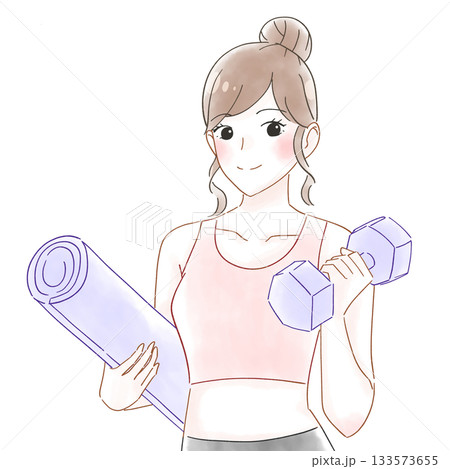 ダンベルとヨガマットの女性 水彩イラスト ダンベルとヨガマットの女性 水彩イラスト 133573655