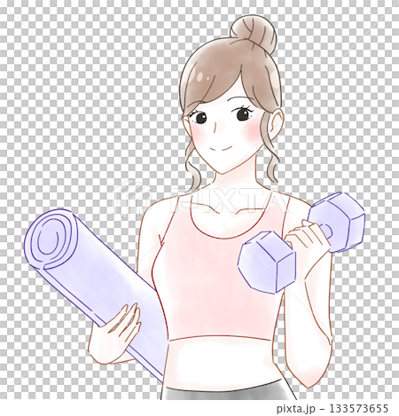 手持啞鈴和瑜珈墊的女子水彩插畫 133573655