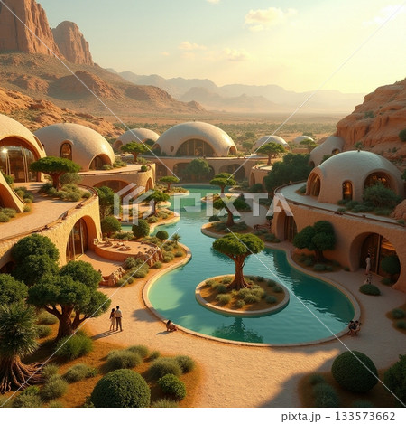 Modern eco friendly village in a serene desert landscape Generative AI Modern eco friendly village in a serene desert landscape Generative AI 133573662