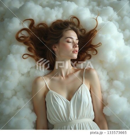 Woman surrounded by fluffy clouds in serene setting Generative AI Woman surrounded by fluffy clouds in serene setting Generative AI 133573665