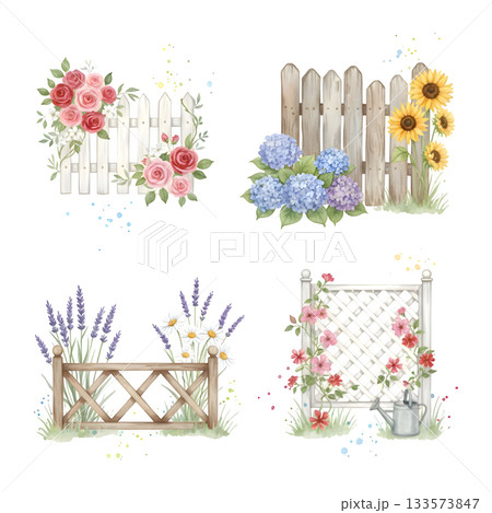Fence details, set of isolated elements wooden fence and decoration with flowers, plants and abstract birds, watercolor illustration for your design. 133573847