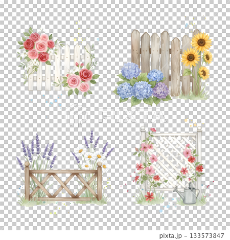 Fence details, set of isolated elements wooden fence and decoration with flowers, plants and abstract birds, watercolor illustration for your design. 133573847