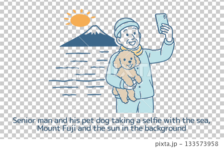 A senior man and his pet dog taking a selfie with the sea, Mount Fuji, and the sun in the background 133573958