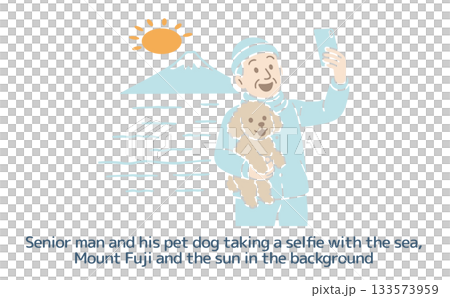 A senior man and his pet dog taking a selfie with the sea, Mount Fuji, and the sun in the background A senior man and his pet dog taking a selfie with the sea, Mount Fuji, and the sun in the background 133573959