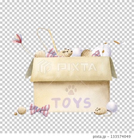 Carton box with cat toys watercolor illustration isolated on white. Jute balls, stick and mouse toy, bow, rope and pompom in pastel beige colors. Pet goods clip art for game and pet shops supplies 133574049