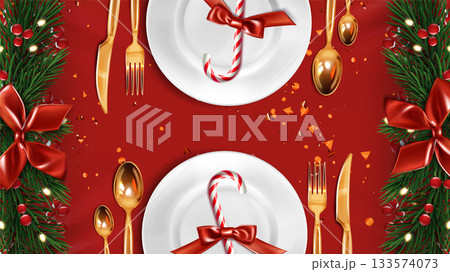 Christmas plate settings with golden cutlery Christmas plate settings with golden cutlery 133574073