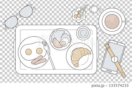 清晨餐盤和餐具的鳥瞰圖 | 早晨活動、咖啡館和工作準備圖片 133574233