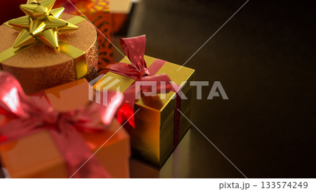 Luxury Gift Boxes with Golden and Red Ribbons 3d render. Luxury Gift Boxes with Golden and Red Ribbons 3d render. 133574249