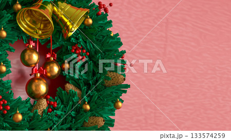 Christmas Wreath with Golden Bells on Red Background 3d render 133574259
