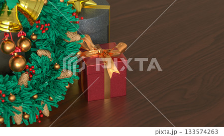 Christmas Wreath and Gift Boxes with Holiday Lights 3d render. 133574263