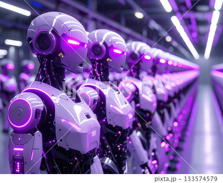 近未来の工場で整列するAIアンドロイドたち   133574579