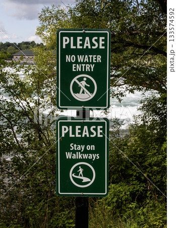 Warning Signs Near Niagara Falls Encourage Safety for Visitors 133574592