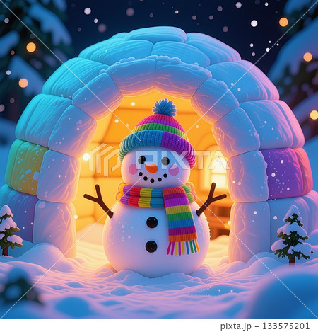 かまくらの中にいる可愛い雪だるまと雪景色 133575201