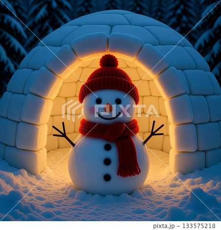 かまくらの中にいる可愛い雪だるまと雪景色 かまくらの中にいる可愛い雪だるまと雪景色 133575218