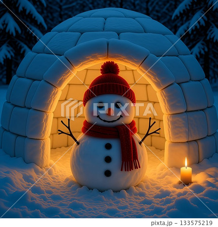 かまくらの中にいる可愛い雪だるまと雪景色 かまくらの中にいる可愛い雪だるまと雪景色 133575219