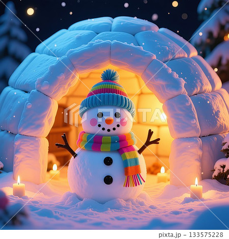 かまくらの中にいる可愛い雪だるまと雪景色 かまくらの中にいる可愛い雪だるまと雪景色 133575228