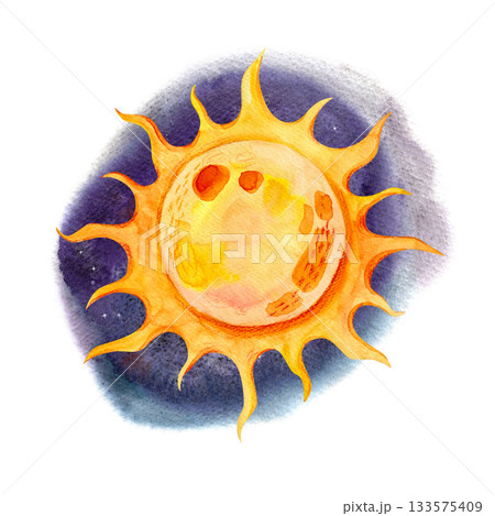 A stylized children's illustration of the sun, drawn in watercolor on dark background. Isolated illustration for children's textile design, printed materials, and holiday products. A stylized children's illustration of the sun, drawn in watercolor on dark background. Isolated illustration for children's textile design, printed materials, and holiday products. 133575409