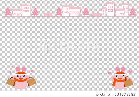 冬日小鎮的框架，有許多購物的兔子 133575583