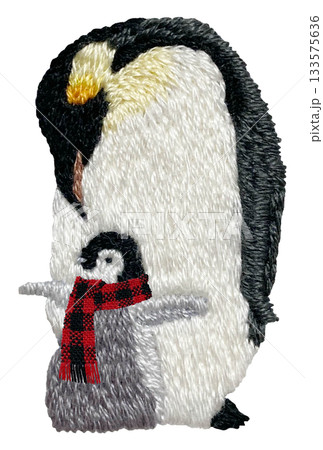 【マフラーを巻いたペンギンの親子】手刺繍イラスト素材 133575636