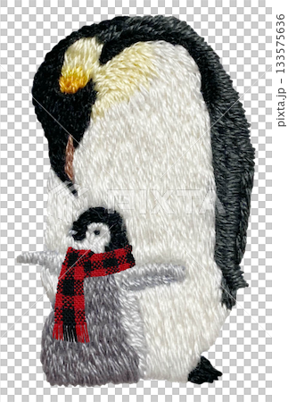 【マフラーを巻いたペンギンの親子】手刺繍イラスト素材 133575636