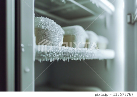 Close up view of frozen ice inside a fridge showing detailed frost and cold texture frozen food concept 133575767