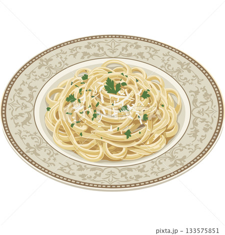 上品な皿に盛られたチーズ風味のフェットゥチーネ・アルフレードのイラスト 133575851