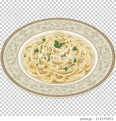 上品な皿に盛られたチーズ風味のフェットゥチーネ・アルフレードのイラスト 133575851