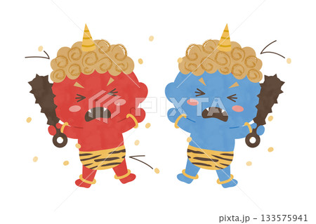 豆をぶつけられて怖がる赤鬼と青鬼の節分キャラクター 豆をぶつけられて怖がる赤鬼と青鬼の節分キャラクター 133575941