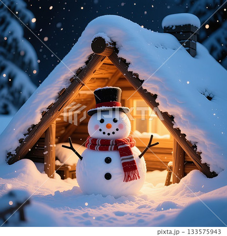 小屋の前にいる可愛い雪だるまと雪景色 小屋の前にいる可愛い雪だるまと雪景色 133575943