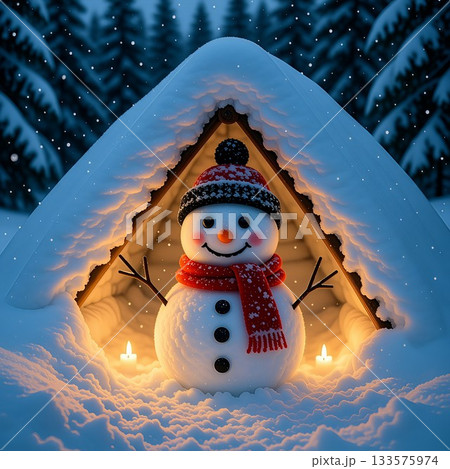 小屋の前にいる可愛い雪だるまと雪景色 133575974