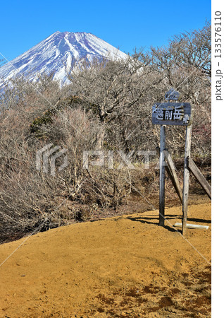 愛鷹山塊の越前岳山頂　雪の頭だけ覗かせる富士山 133576110