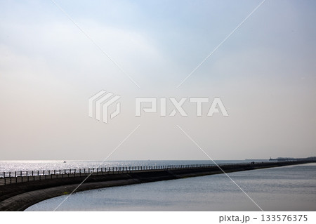 錦江湾の海上を長く伸びる与次郎ヶ浜長水路の護岸と遠くの地平線 133576375