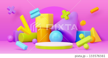 Kids podium stage with vector 3d geometric shapes as cube, pyramid and cone, sphere and abstract math signs. Children product display platform, studio scene, pastel color round podium stage background 133576381
