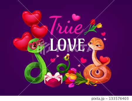 True love quote for Valentine day greeting card with funny snakes couple, cartoon vector. Valentine day holiday romantic quote with happy snakes in love, heart balloons and wedding ring with flowers True love quote for Valentine day greeting card with funny snakes couple, cartoon vector. Valentine day holiday romantic quote with happy snakes in love, heart balloons and wedding ring with flowers 133576403