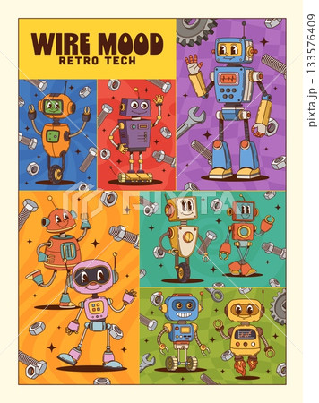 Robot and droid groovy characters collage poster with funny robotic bots, cartoon vector. Y2K or retro posters with groovy robot characters, funny droids and funky futuristic cyborgs with happy faces 133576409