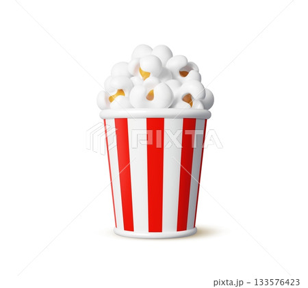 3d movie striped red and white popcorn bucket, cinema pop corn basket with fluffy kernels. realistic Isolated container mock up with snack seeds. Paper box with popcorn for cinema or movie theater 133576423