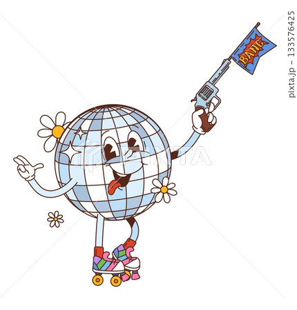 Groovy blue disco ball character rolls on roller skates while sticking out its tongue and holding a gun with flag. Funky retro vector mascot decorated with cheerful daisies and mirror reflections 133576425