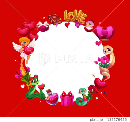 Happy Valentine day frame with playful cherubs, cute cartoon snakes holding heart and flowers, gifts, balloons and desserts on red background, adorned with festive romantic elements for celebration 133576426