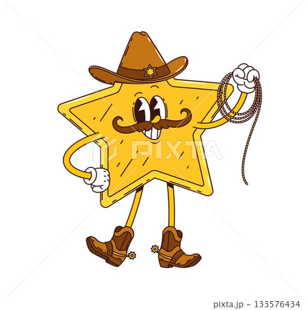 Cartoon groovy star cowboy character wears hat, boots and mustache holding lasso, exudes western retro hippie y2k vibe. Vector vintage, funky cheerful twinkle personage full of fun and Wild West mood 133576434